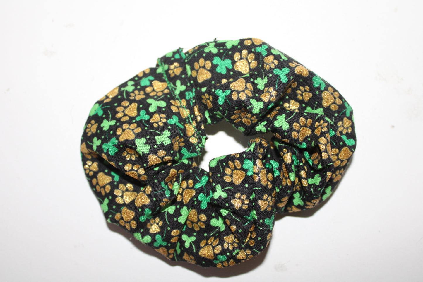 Black, Green and Gold Paws & Shamrock Scrunchie